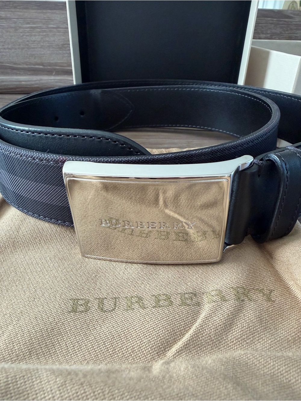 Burberry Men’s Black Leather & Canvas Belt with Silver-Tone Logo Buckle